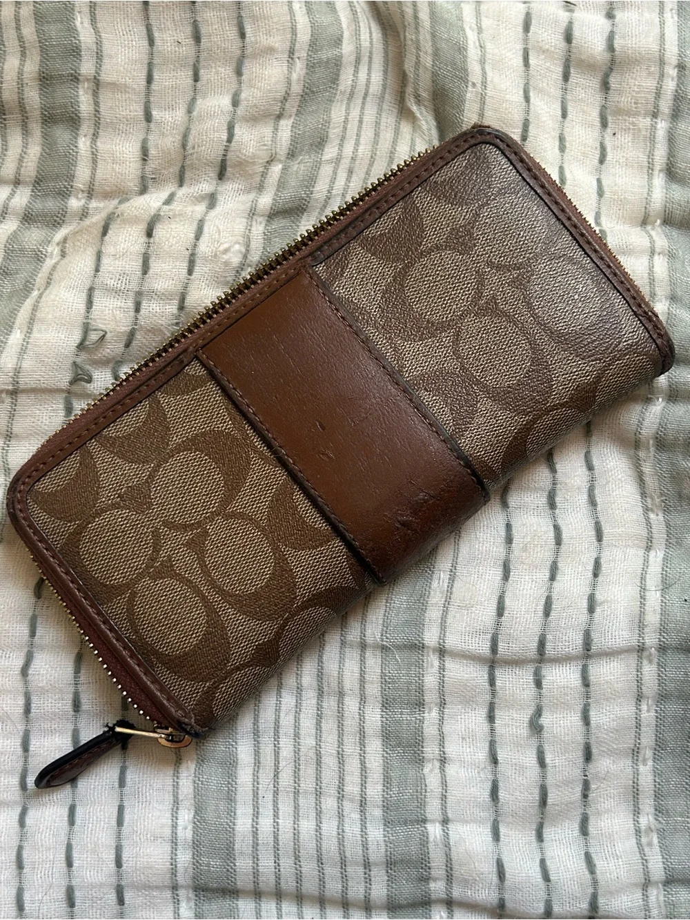 Coach Brown Signature Zip-Around Wallet with Leather Trim
